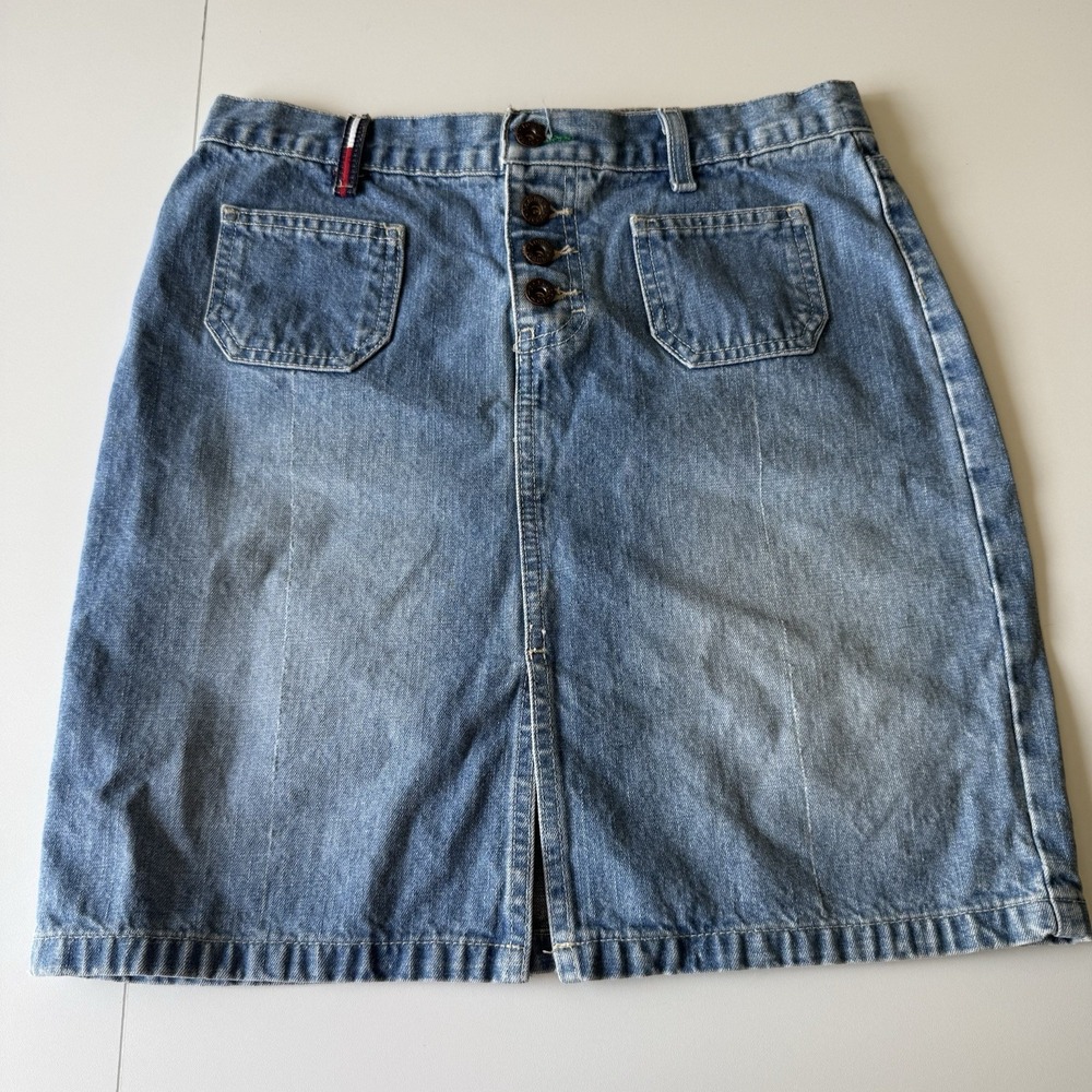 VTG Y2K Tommy Hilfiger Jeans Denim Skirt Size 5 Knee Length Med Wash Hip 90s